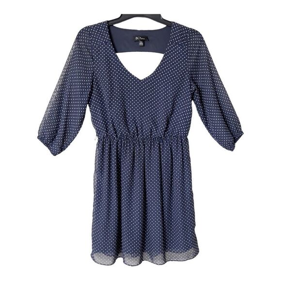 BCX 3/4 Sleeve V Neck Elastic Waist Navy White Polkadot Dress Size Medium - Picture 1 of 7
